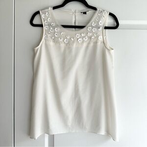 Ann Taylor Sheer Ivory White Sleeveless Blouse with Floral Beading Details